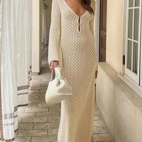 Dresses & Skirts - White Casual Women's Crocheted V-Neck Backless Ruched Waist Bodycon Dress